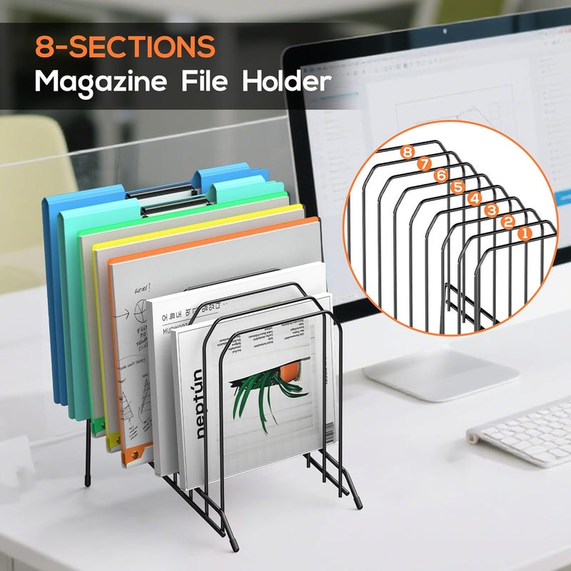 MINDEPOT Incline Sorter Desk File Organizer, Metal Desk Magazine Folder Holder with 8-Section Vertical Compartments Rack File Organizer for Office, Home, School - Image 2